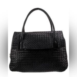 Bottega Venata black leather woven intrecciato flap front handbag